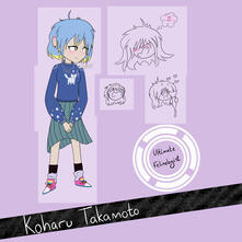 A reference sheet of a girl with yellow-tipped blue hair looking shyly off to the side. She is wearing a dark blue sweater with a cat on it, a teal skirt, and brightly colored tennis shoes. There are smaller, sketchier drawings off to the side. Labeled bel
