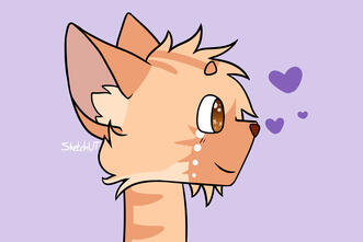 An orange cat on a lilac background looking off to the side with a smile.