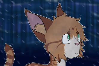 Un gato atigrado naranja y blanco que mira preocupado a lo lejos bajo la lluvia.